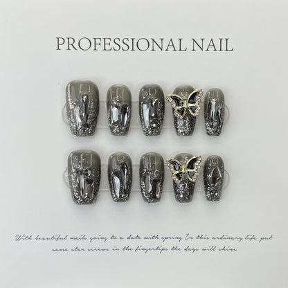 Gunmetal Butterfly| Long Medium Coffin Manicure | Handmade Press On Nail H288