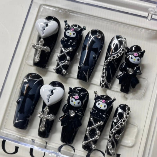 Brokenhearted Kuromi | Long Coffin Manicure  | Handmade Press on Nails H47