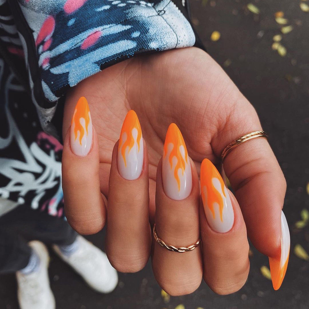 Fiery Orange Blaze| Medium Almond Manicure | Press On Nails N649