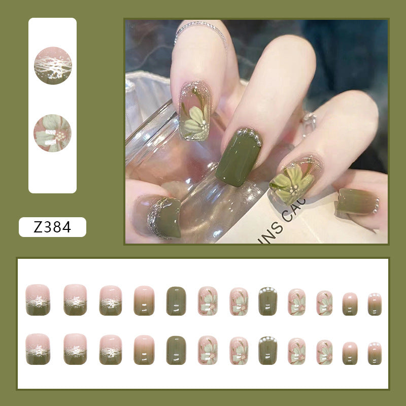 Simple Green flowers | Short Squoval Manicure | Press On Nail