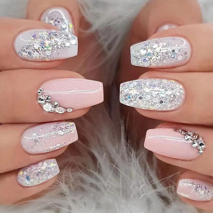 Lustrous Sparkling Pink | Long Coffin Manicure  | Press On Nails N368