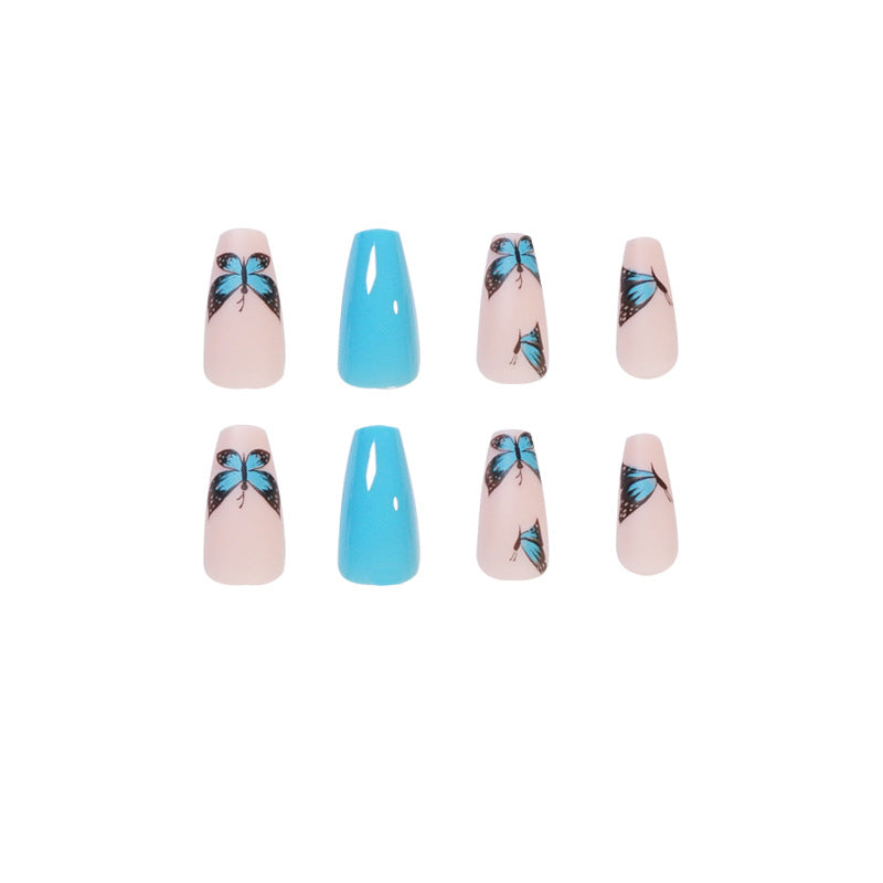 Azure Butterfly Bliss| Long Coffin Manicure | Press On Nails N467