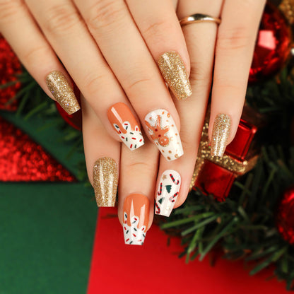 Glitzy Gingerbread | Medium Coffin Manicure | Press On Nails N397