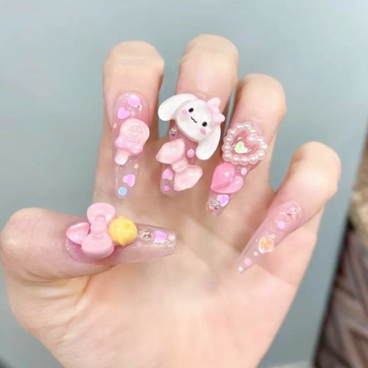 Cinnamoroll's Pink Bow| Long Coffin Manicure  | Handmade Press on Nails H69