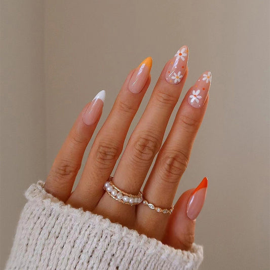 Orange Delightful Daisies | Medium Almond Manicure | Press On Nails N541