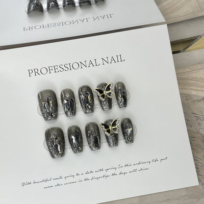 Gunmetal Butterfly| Long Medium Coffin Manicure | Handmade Press On Nail H288