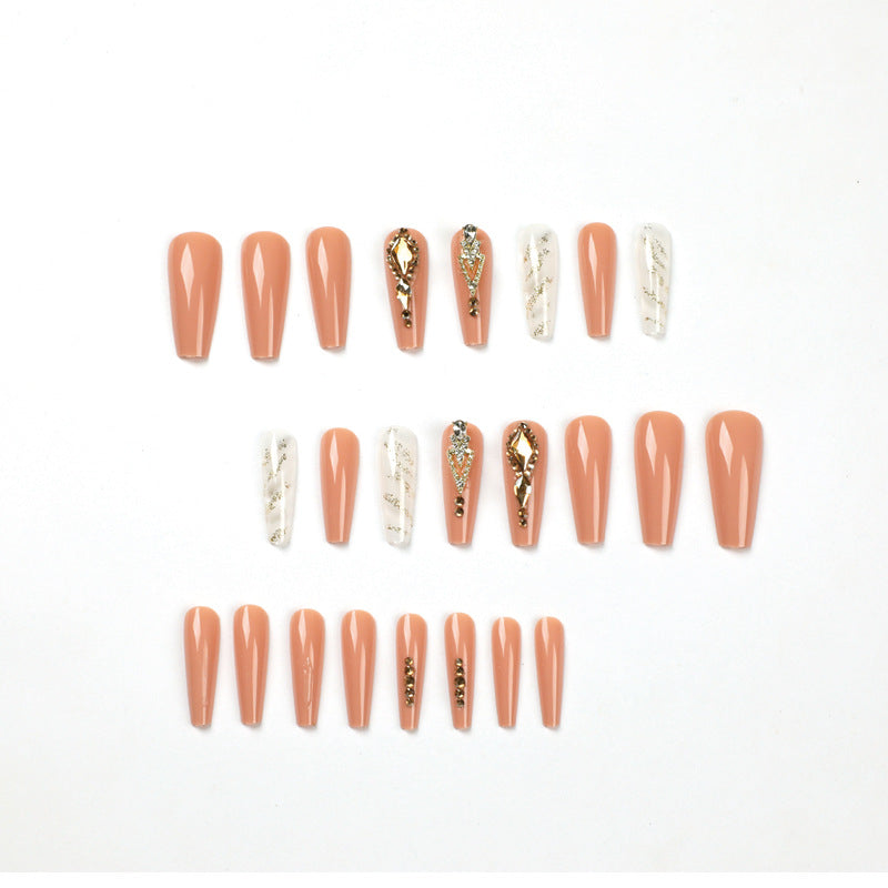 Luxe Peachy Sparkle| Long Coffin Manicure | Press On Nails N619