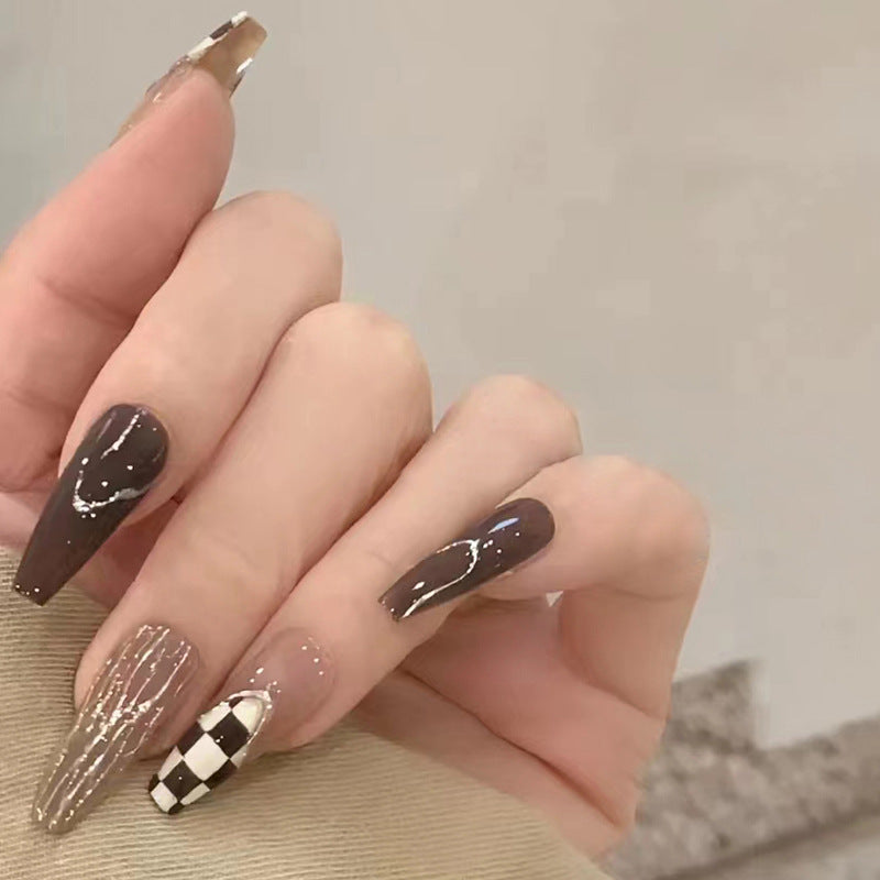 Brown Checkerboard  | Press On Nails | Long Coffin Manicure