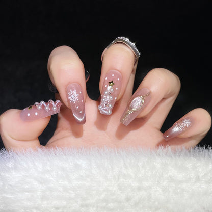 Blushing Snowflakes| Long Coffin Manicure| Handmade Press on Nails H81