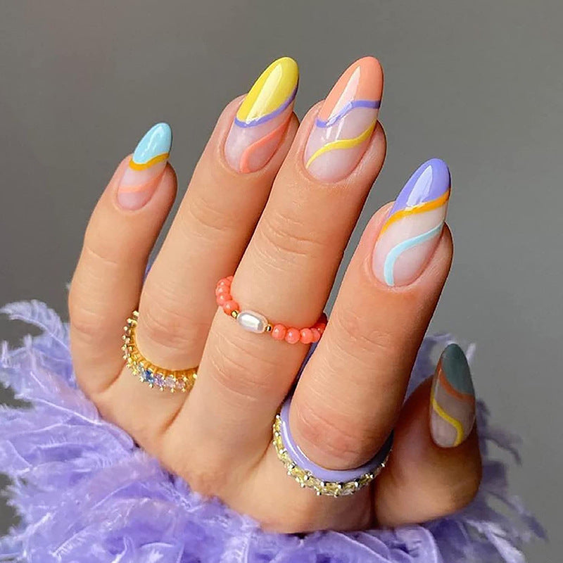 Pastel Rainbow Swirl | Medium Almond Manicure | Press On Nails N358