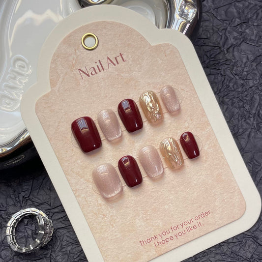 Cherry Gold| Short Squoval Manicure | Handmade Press On Nail H183