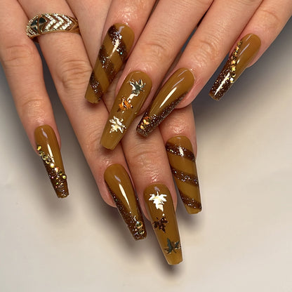 Amber Maple | Long Coffin Manicure | Press On Nails N734