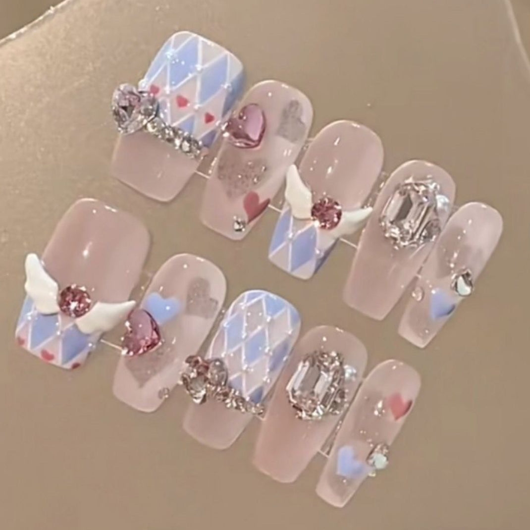 Sweetheart Angel Wings| Long Coffin Manicure |Handmade Press on Nails H40