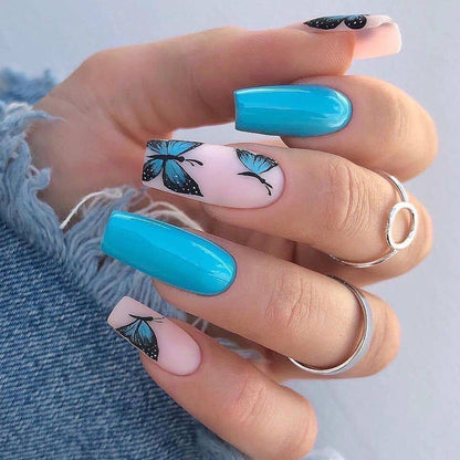 Azure Butterfly Bliss| Long Coffin Manicure | Press On Nails N467