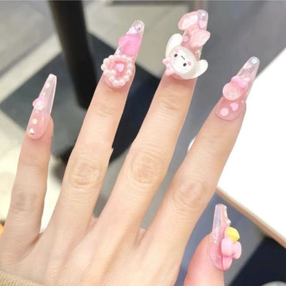 Cinnamoroll's Pink Bow| Long Coffin Manicure  | Handmade Press on Nails H69