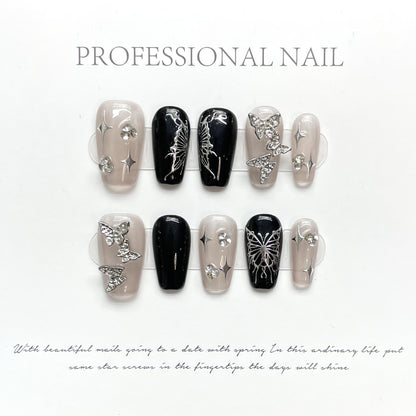 Blushing Monochrome Butterfly| Long Medium Coffin Manicure|Handmade Press on Nails H41