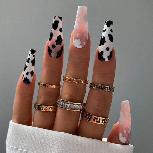 Pink Black Cow | Long Coffin Manicure | Press On Nails N433