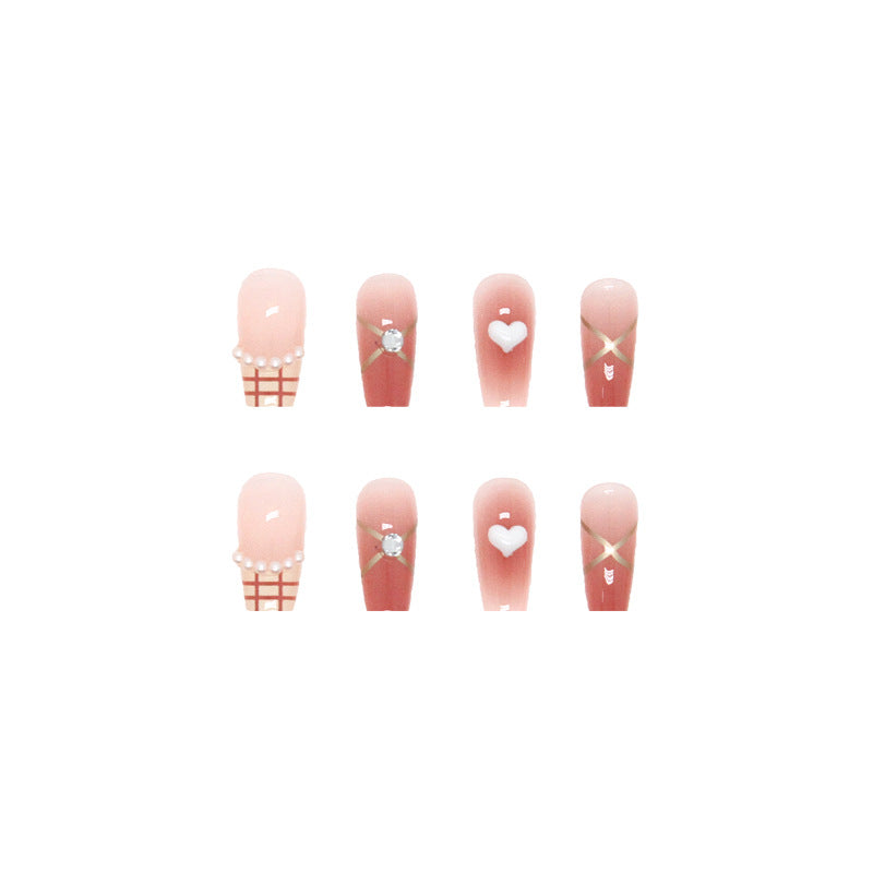 Pink Heart Diamond French  | Medium Coffin Manicure | Press On Nail