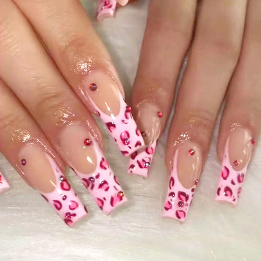 Pink Leopard Sparkle| Long Coffin Manicure  | Press On Nails N430