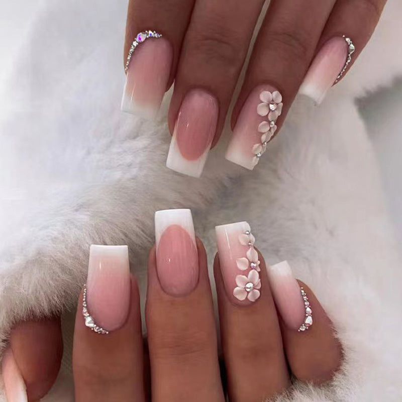 Pink Flower White French| Medium Squoval Manicure | Press on Nails N594