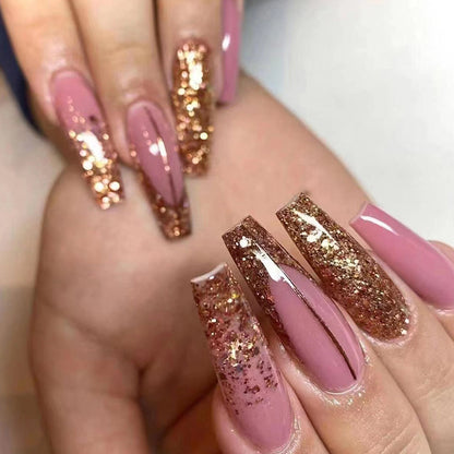 Glistening Blush Gold | Long Coffin Manicure  | Press On Nails