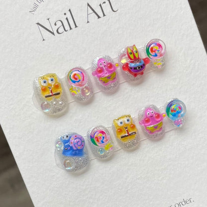 Whimsical SpongeBob| Short Squoval Manicure | Handmade Press On Nails H216