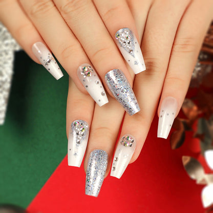 Glamorous Silver Christmas | Long Coffin Manicure  | Press On Nails N483