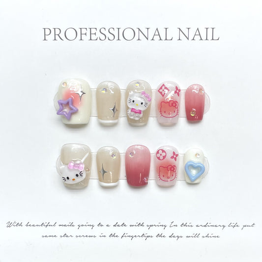 Endearing Hello Kitty |Long Short Coffin Manicure  | Handmade Press on Nails H79