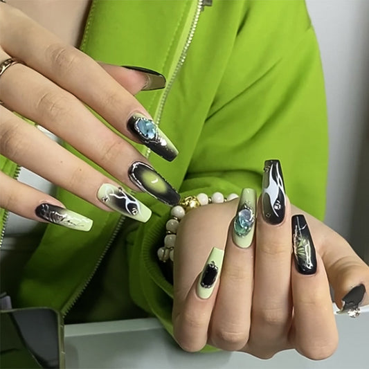 Neon Green Night Wings| Long Coffin Manicure | Press On Nails N626