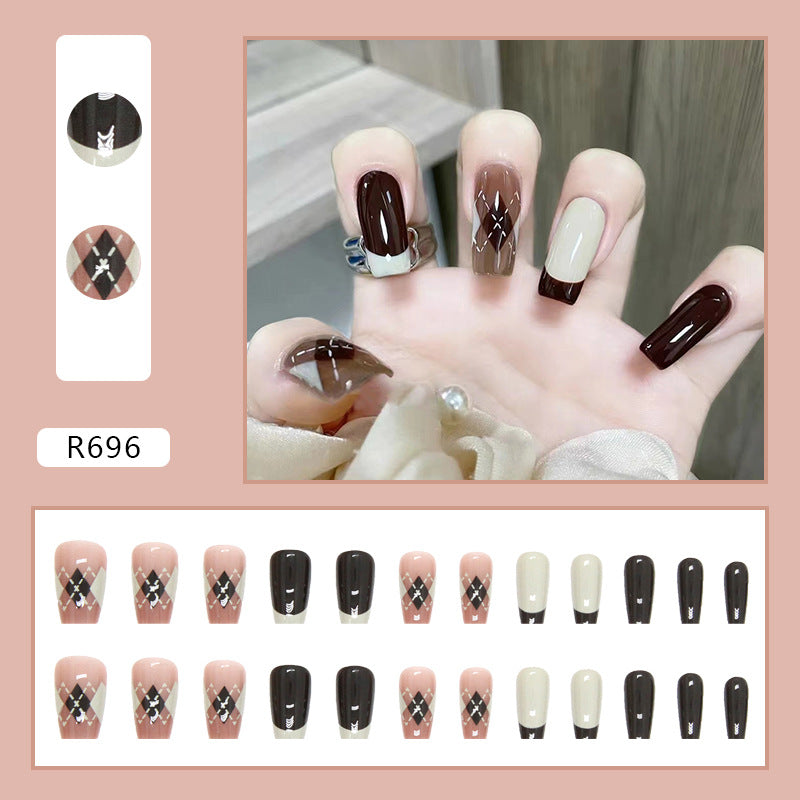 Brown Argyle  | Long Coffin Manicure  | Press on Nails