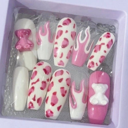 Pink Leopard Flame | Long Coffin Manicure  | Handmade Press on Nails H55