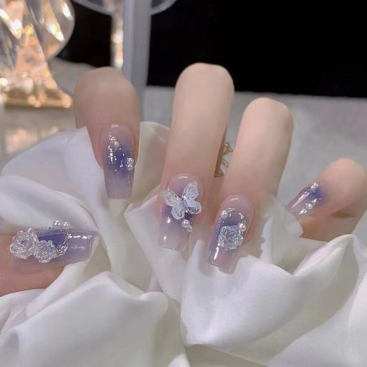 Crystal Butterfly | Long Coffin Manicure  | Press On Nail