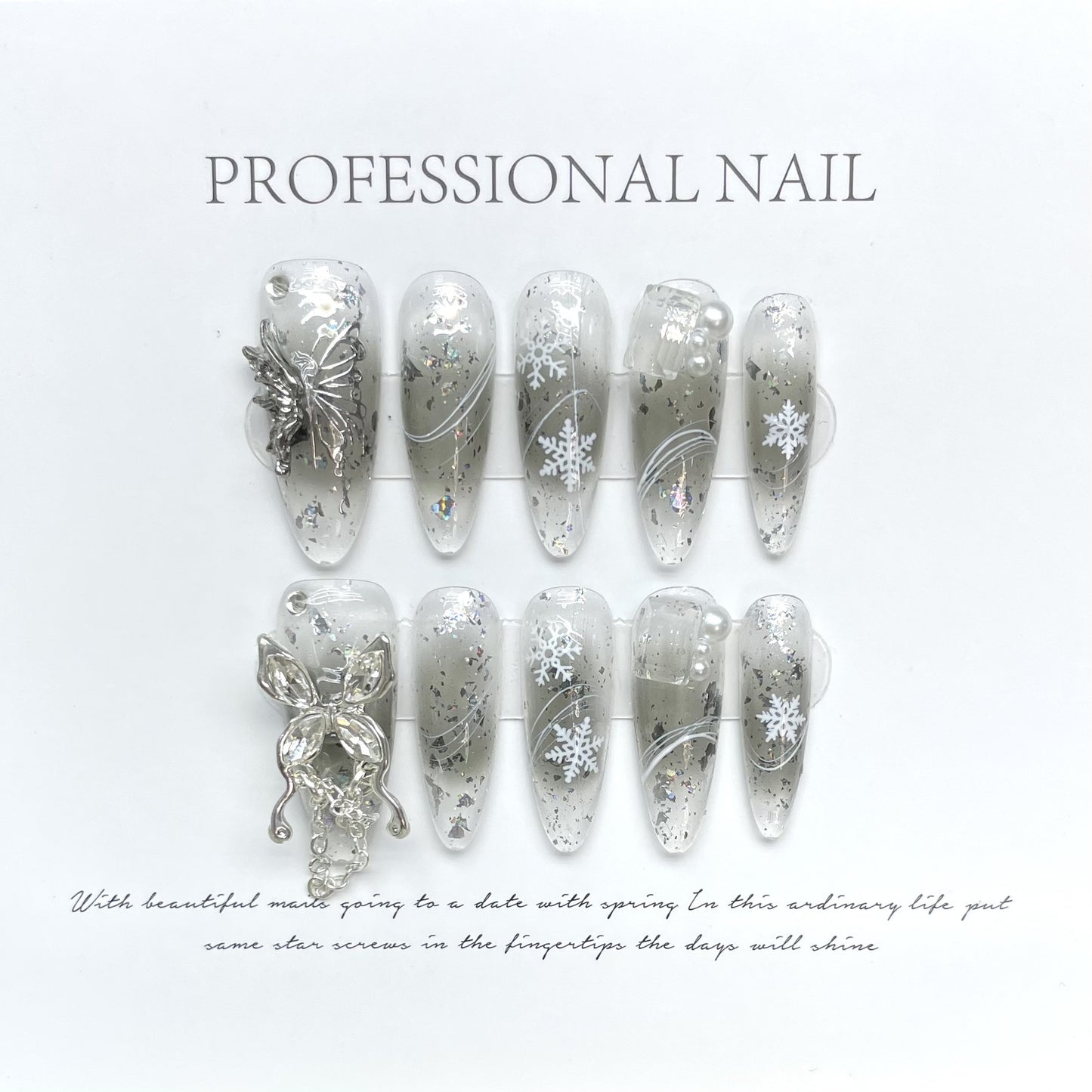 Shadowy Silver Wings | Long Almond Manicure | Handmade Press On Nails H229