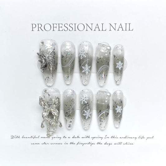 Shadowy Silver Wings | Long Almond Manicure | Handmade Press On Nails H229