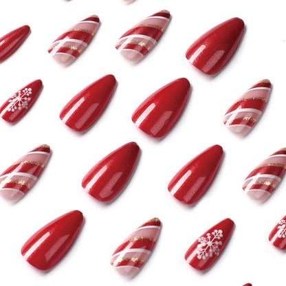 Red Ribbon Snowflakes| Medium Almond Manicure | Press On Nails N419