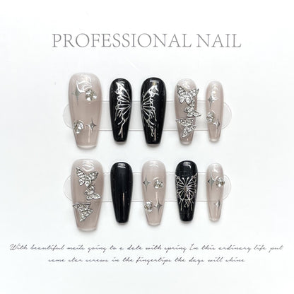 Blushing Monochrome Butterfly| Long Medium Coffin Manicure|Handmade Press on Nails H41