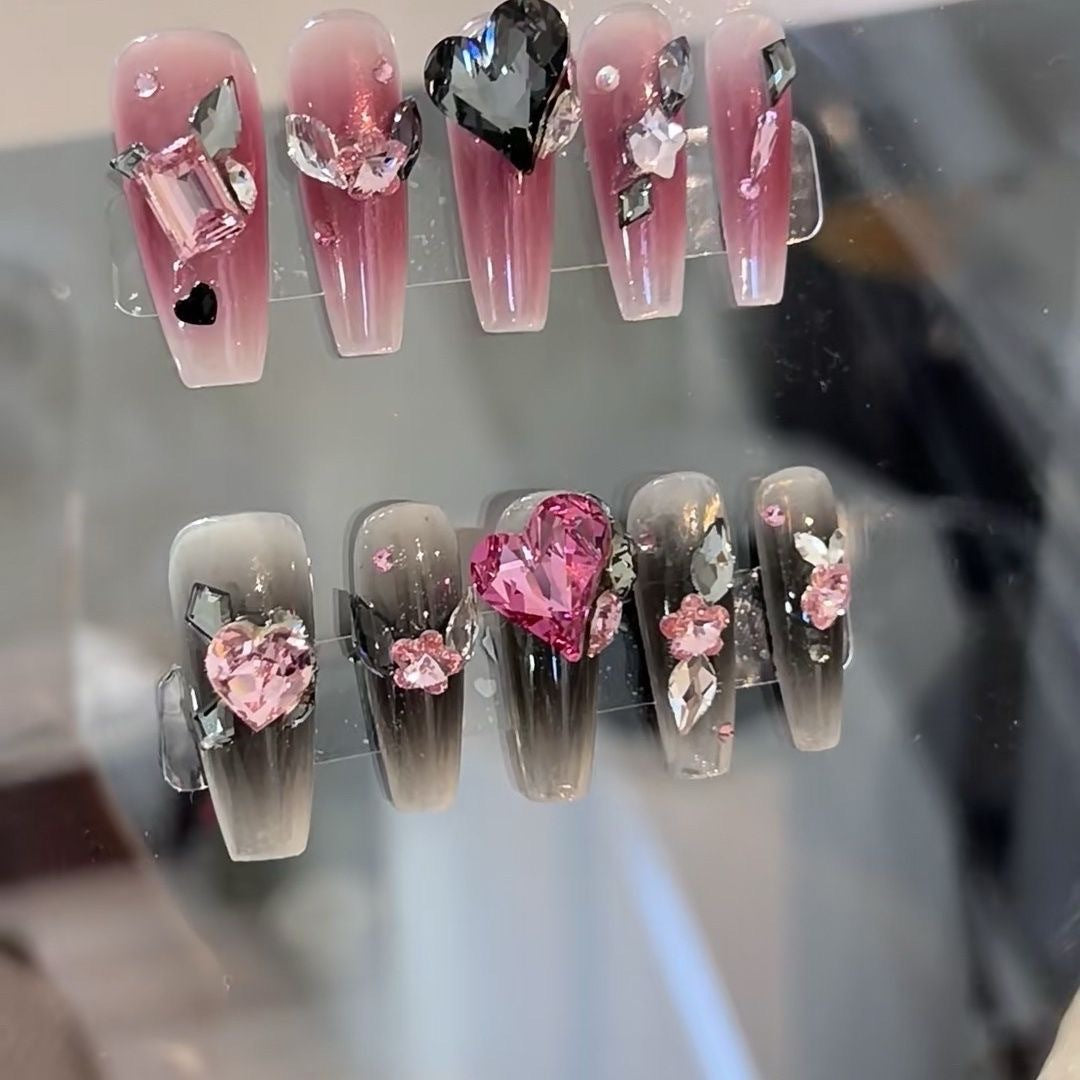 Dazzling Y2K BlackPink| Long Coffin Manicure| Handmade Press on Nails H86