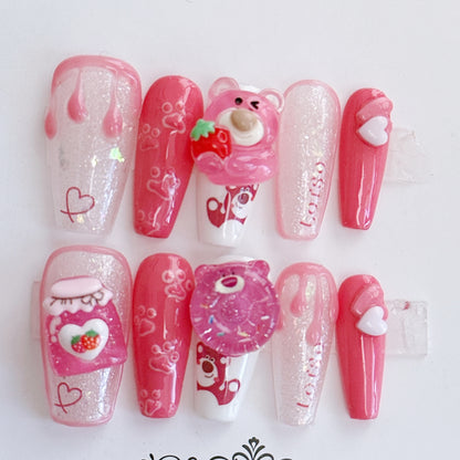 Cuddly Strawberry Bear | Long Coffin Manicure  | Handmade Press on Nails H80