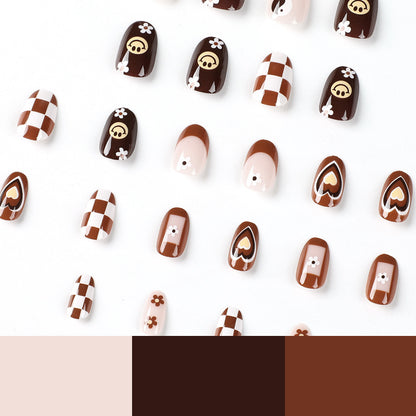 Retro Brown Happy Face| Short Almond Manicure | Press On Nails N415