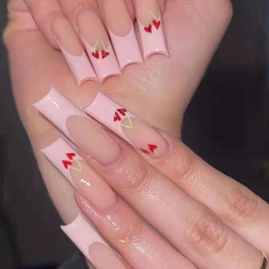 Pink Cherry Sweet | Long Coffin Manicure | Press On Nail