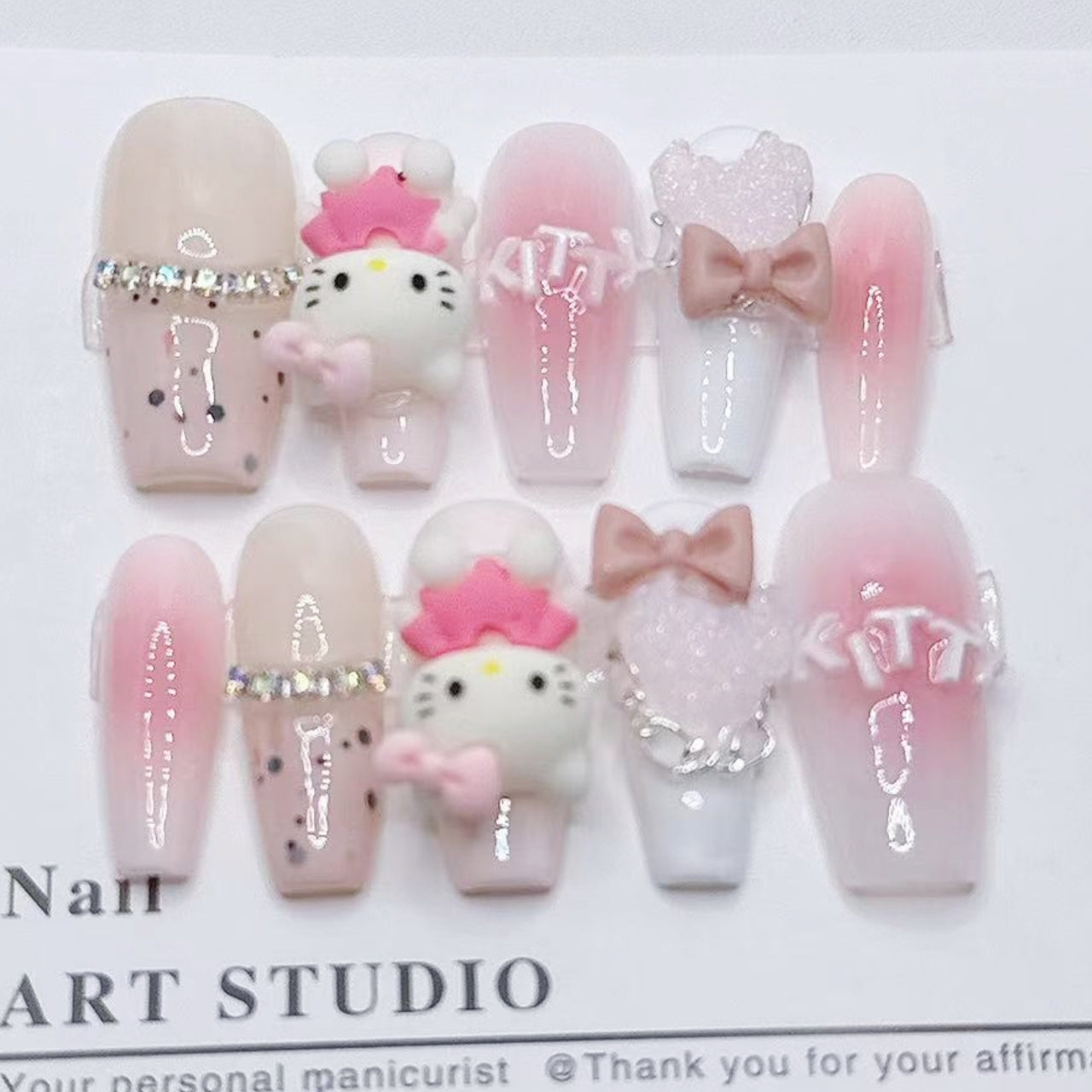 Endearing Hello Kitty |Long Short Coffin Manicure  | Handmade Press on Nails H79