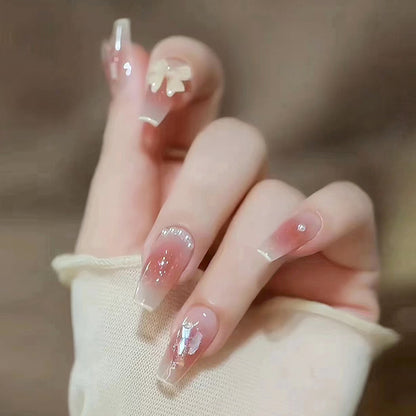 Sparkling Blush bowknot | Long Coffin Manicure  | Press On Nail