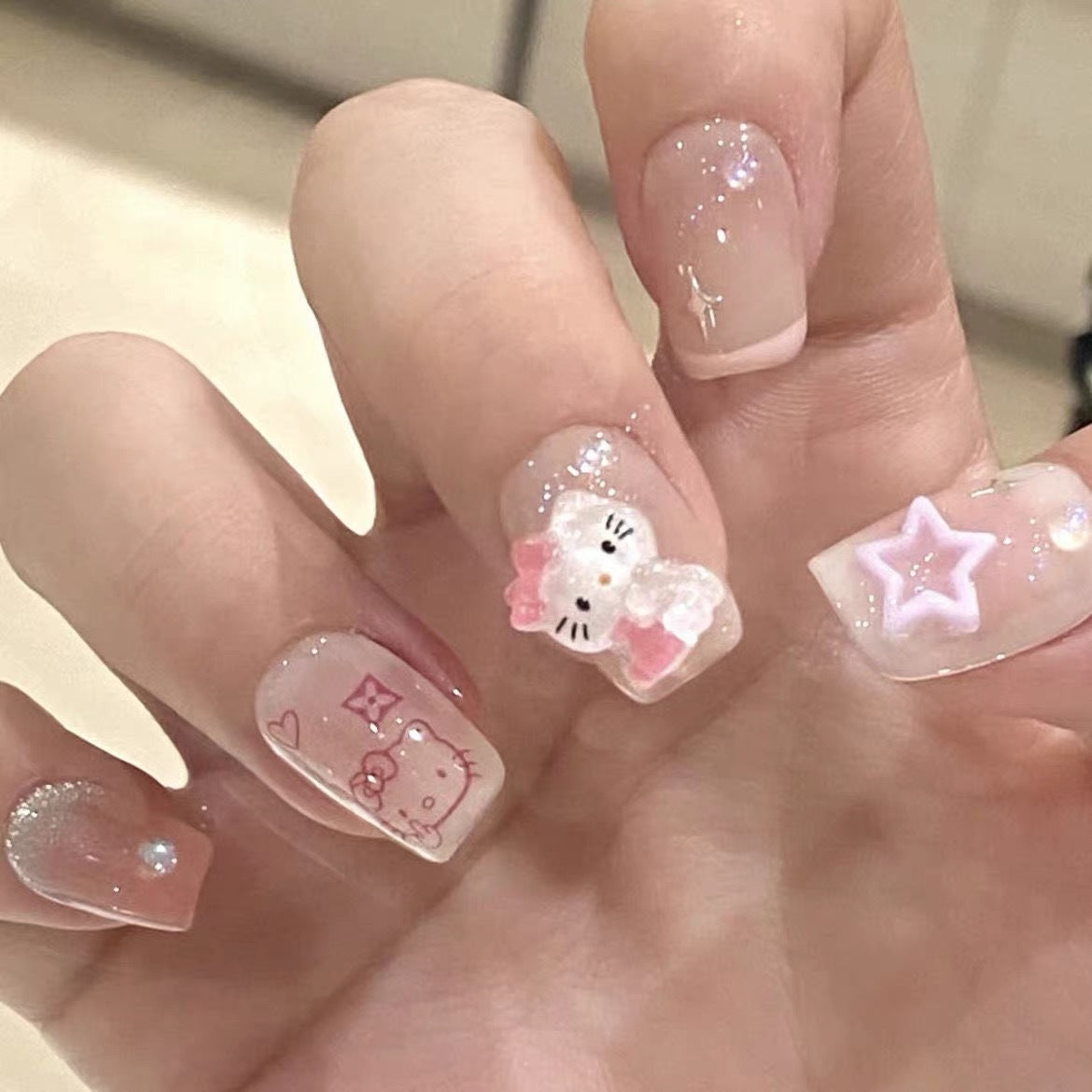 Endearing Hello Kitty |Long Short Coffin Manicure  | Handmade Press on Nails H79