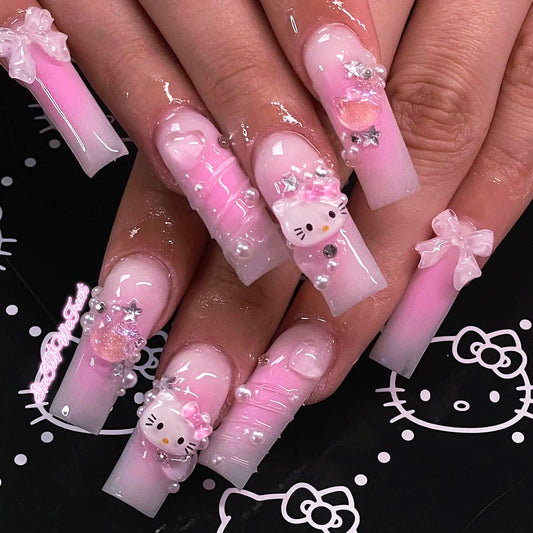 Cutie Kitty| Long Coffin Manicure  | Press On Nails N727