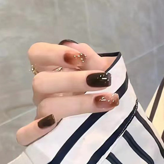 Brown Marbel | Short Squoval Manicure | Press On Nail