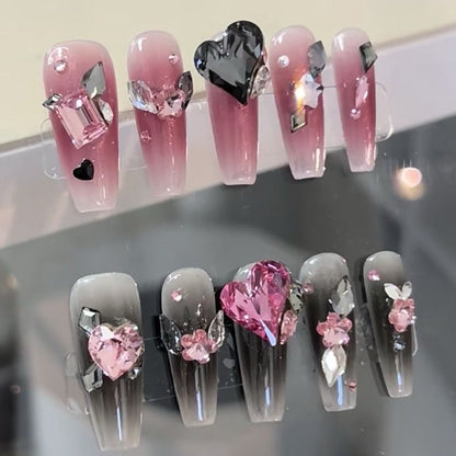 Dazzling Y2K BlackPink| Long Coffin Manicure| Handmade Press on Nails H86