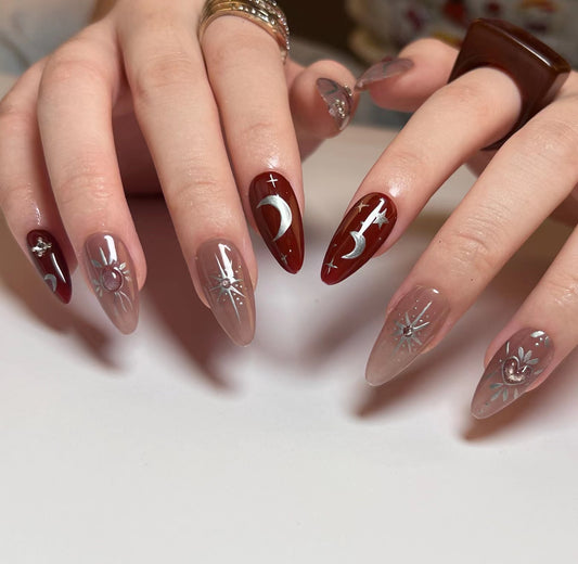 Carnet Red Starry Tales| Medium Almond Manicure | Press On Nails N767