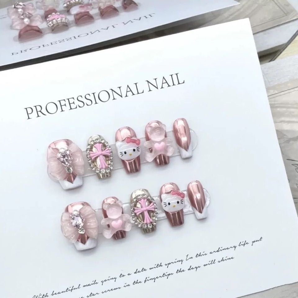 Pink Kitty | Long Coffin Manicure| Handmade Press on Nails H73