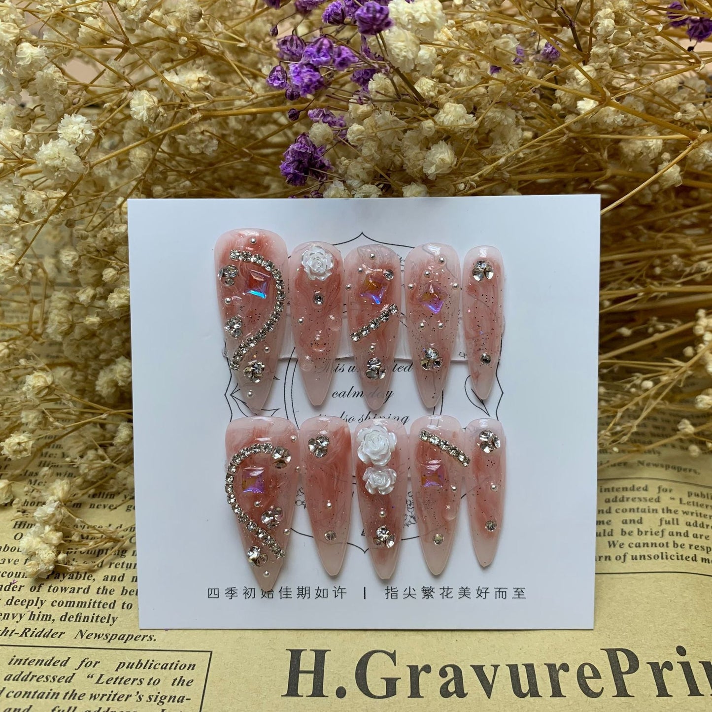 Camellia Glamour | Long Almond Manicure |Handmade Press On Nails H167