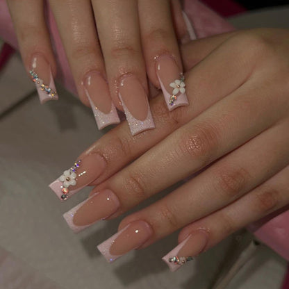 Pastel Pink Blossom Bling| Medium Coffin Manicure | Press On Nails N625